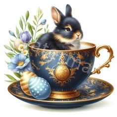 a painting of a bunny in a teacup with eggs and flowers on the side