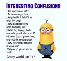 a minion sitting in front of a sign that says interesting confusions