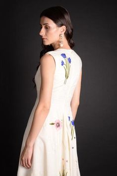 Shop for Sahil Kochhar White Viscose Voile Abr Handcrafted Flared Dress for Women Online at Aza Fashions Fitted A-line Floral Dress With Embroidery, White A-line Midi Dress With Floral Embroidery, Sleeveless Silk Dress With Resham Embroidery, Fitted Silk Dress With Floral Applique, White Silk Dress With Floral Print, Silk Dresses With Floral Embroidery, Silk Dress With Floral Embroidery For Garden Party, Silk Wedding Dress With Floral Embroidery, Summer Wedding Silk Embroidered Dress