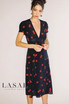 Lasaky - Cherry-colored Sheer Chiffon Dress for Women - Elegant V-neck with Sash Wrap in Bodycon Style Floral Print Wrap Party Dress, Fitted V-neck Wrap Dress For Brunch, Floral Print Wrap Dress For Party, Floral Print V-neck Evening Wrap Dress, V-neck Floral Print Wrap Dress For Evening, Fitted V-neck Midi Dress For Date, Red Fitted Wrap Dress With Tie Waist, Fitted Red Wrap Dress With Tie Waist, V-neck Midi Dress For Date