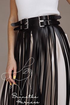 More belts by the link - https://www.etsy.com/shop/BrunetkaHarness?section_id=34179176 Edgy Party Skirt With Belt, Long Fringe Skirt, Fringe Dress Outfit, Fringe Leather Belt, Fringe Leather Skirt, Leather Fringe Skirt, Skirt Fringe, Belt Corset, Fringe Belt