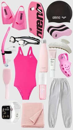 the contents of a pink swimsuit are laid out