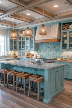 29 Afrohemian Decor Kitchen Ideas to Elevate Your Cooking Space 22 Beach Kitchen Ideas Coastal Colors, Beach House Decor Kitchen, Beach Kitchen Ideas, Kitchen Colour Combination, Sleek Cabinet, Wooden Countertops