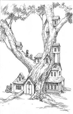 a drawing of a tree with houses on it and people sitting in the yard below