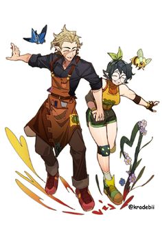 an image of two people standing next to each other with butterflies on their backs and one person