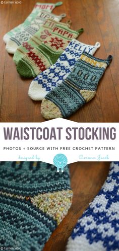 four different socks sitting on top of a wooden floor with text overlay that reads, waistcoat stocking photos - source with free crochet pattern