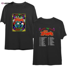 a black t - shirt with an image of the band's concert dates on it