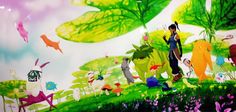 an animated scene with people and animals in the grass, surrounded by trees and flowers