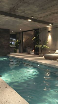 an indoor swimming pool with lounge chairs and plants