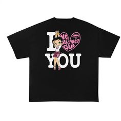 a black t - shirt with the words i love you in pink and white letters