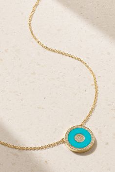 Jennifer Meyer's necklace is strung with a dainty 'Evil Eye' talisman featuring vibrant turquoise illuminated by sparkling, brilliant-cut diamonds - the symbol is believed to ward off negative energy. It's handmade from 18-karat gold and has a dainty chain. Luxury Turquoise Jewelry With Diamond Accents, Turquoise Diamond Pendant Necklace, Turquoise Diamond Pendant Jewelry, Turquoise Diamond Necklace Fine Jewelry, Turquoise Diamond Necklace In Fine Jewelry Style, Luxury Turquoise Round Necklace, Luxury Round Turquoise Necklace, Luxury Sterling Silver Turquoise Necklace, Luxury Sterling Silver Necklace In Turquoise