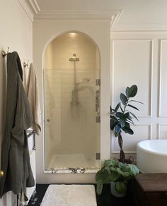 a bathroom with a shower, toilet and bathtub next to a plant in a pot