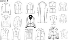 a bunch of different types of jackets and coats on a white background with the words jacket 3 written in black