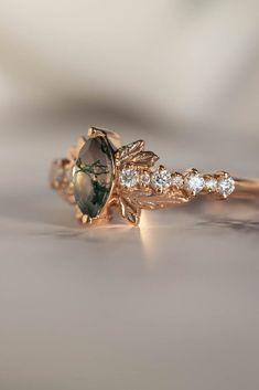 Marquise cut moss agate engagement ring, nature inspired gold leaf ring / Verbena Engagement Ring Nature, Agate Wedding Ring, Gold Leaf Ring, Engagement Rings Romantic, Nature Engagement Ring, Agate Wedding, Handcrafted Engagement Ring, Gold Leaf Rings, Nature Inspired Engagement Ring