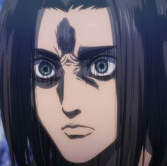 an anime character with long black hair and blue eyes looks at the camera, while staring straight ahead