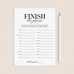 a printable finish up sheet with a pencil next to it