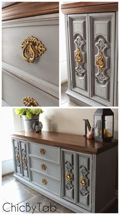 an old dresser is painted in gray and gold with ornate details on the doors, drawer pulls