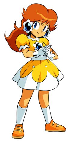 an orange haired girl in yellow and white dress holding a stuffed animal on her chest