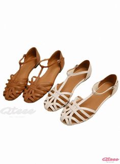 Qteee - Hollow-out Flat Sandals with Vintage Design Casual Flat Heel T-strap Sandals For Spring, Casual Beige Flat T-strap Sandals, Casual Beige T-strap Sandals For Spring, Beige Flat Heel Jelly Sandals For Spring, Casual Flat Synthetic T-strap Sandals, Casual Flat T-strap Sandals With Synthetic Material, Casual Flat T-strap Synthetic Sandals, Casual Flat T-strap Sandals, Casual Open Heel Jelly Sandals For Spring