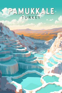 Retro art poster of Pamukkale in Turkey showcasing majestic terraces and thermal springs. Aesthetic Printouts, Pamukkale Turkey, Wanderlust Decor, Vintage Postcards Travel, Travel Collage, Retro Vector, Travel Postcard