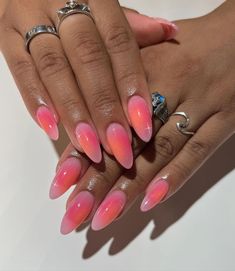 30 Coolest Aura Nails to Inspire You Pink Dream Nails, Gel X Nail Designs Almond Simple, Bright Pink Nail Art, Spring Aura Nails, Aura Pink Nails, Sunset Aura Nails, Bright Almond Nails, Aura Nails Short, Nail Asthetic