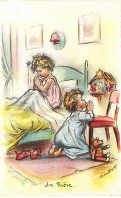 a drawing of two children sitting on a bed and one is holding his hand up