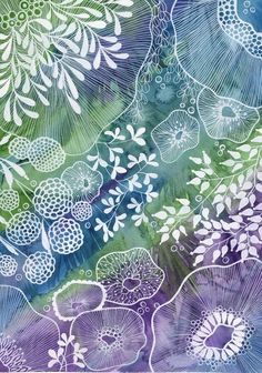 an abstract painting with white flowers and leaves on purple, green and blue watercolor paper