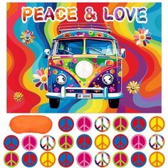 a van with peace and love written on the front is surrounded by colorful circles, flowers, and hippies