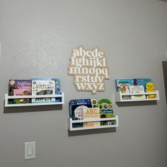 three white shelves with books on them in the corner next to a wall mounted sign