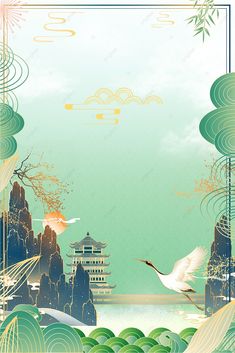 an art deco poster with a bird flying over the water and pagodas in the background