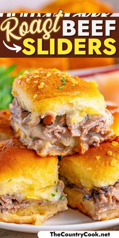 the recipe for roast beef sliders is shown on a white plate with text overlay