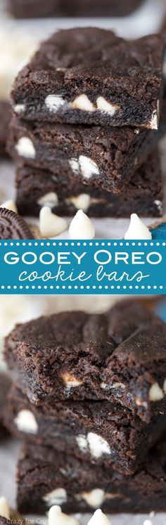 there are two brownies with white chocolate chips on top and the words gooey oreo cookie bars above them