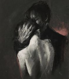 a black and white painting of a woman hugging