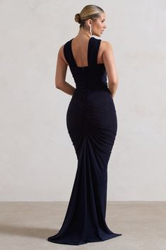 Aida | Navy Ruched V-Neck Split Maxi Dress Elegant Bun, Ruched Maxi Dress, Split Maxi Dress, Ruched Bodice, Body Contouring, Changing Seasons, Modest Outfits, Our Body, New Dress