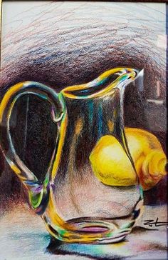 a drawing of a glass pitcher with lemons in it