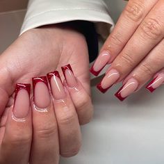 Red French Glitter Nails, Dark Red French Tip Nails Square, Glitter Red French Tip Nails, Dark Red French Tip Nails, Red Tip Nails, Beautiful Manicure