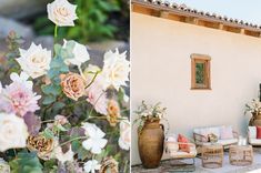 an outdoor living area and patio with flowers in vases on the side of the house