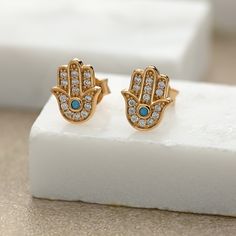 The Hand Of God, Hamsa Earrings, Fatima Hand, Beautiful Stud Earrings, Turquoise Stud Earrings, Hand Of Fatima, Matching Jewelry, Crystal Stud Earrings, Love Peace