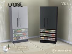 two refrigerators side by side in a room with tile flooring and white walls