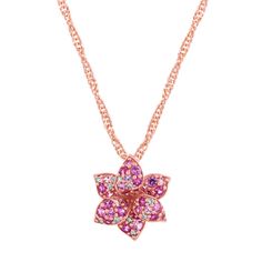 Natural diamonds and varying shades of natural pink sapphire decorate the petals of this flower pendant with stunning color. Crafted in vivid 14-karat rose gold  a matching Singapore chain with a lobster clasp keeps this look secure. Rose Gold Flower Charm Necklace, Fine Jewelry Pink Flower Pendant Necklace, Pink Flower Pendant Necklace In Fine Jewelry Style, Pink Flower Pendant Necklace Fine Jewelry, Luxury Pink Flower Pendant Jewelry, Mini Mosaic, Diamond Flower Pendant, Sweet Necklace, Jewelry Cleaning Solution