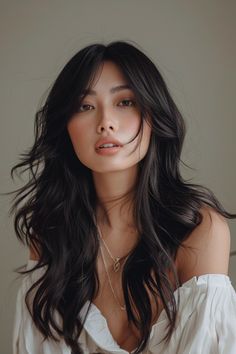 Long Hair Woman Style, Wedding Shag Hair, Face Framing Layers Asian Hair, Shaggy Asian Hair, Long 70s Hair, Layered Wavy Hair With Bangs, Asian Hairstyles Long, Long Asian Haircut, Wide Face Hairstyles