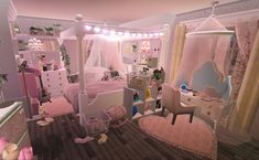 Pink Aesthetic Bloxburg House, Pink One Story House Bloxburg, Bloxburg Room Ideas Hello Kitty, Cute Bedroom Bloxburg, Gyaru Bloxburg House, Door Ideas Bloxburg, Bloxburg Princess Bedroom, Royale High Bedroom Ideas, Bloxburg Pink Bedroom