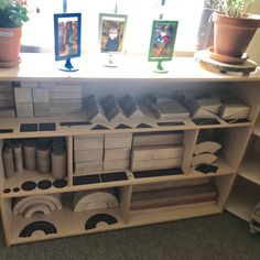 a shelf filled with boxes and pictures next to potted plants on top of a carpeted floor