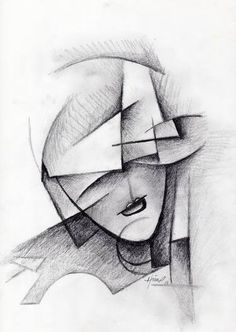 a pencil drawing of a woman's face with an abstract design on the side