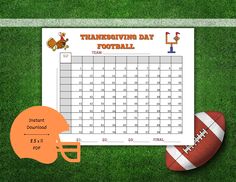 a football and helmet on the field with a thanksgiving day calendar in front of it