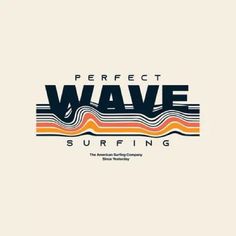 the perfect wave surfing logo is displayed on a white background with blue and orange waves