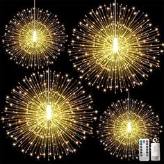 fireworks are lit up in the night sky with bright yellow and white lights on them