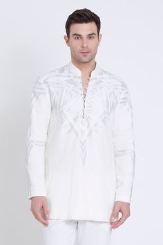 Ivory linen kurta with gold applique embroidered geometric pattern. Comes with pant. - Aza Fashions White Linen Kurta With Resham Embroidery, White Linen Fitted Kurta, White Fitted Linen Kurta, Satin Embroidery, Gold Applique, Linen Embroidery, Kurta Set For Men, Applique Embroidery, Patchwork Patterns