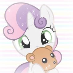 an adorable little pony with big eyes holding a teddy bear