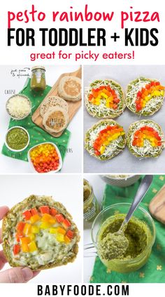 this is a collage of pictures with different food items and the words, pesto rainbow pizza for toddler + kids great for picky eaters